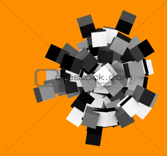 3d render silver chrome concentric cubes on orange