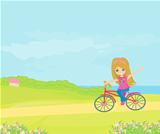 Happy Driving Bike with Cute Smiling Young Girl