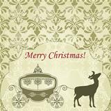 Vector Christmas  Greeting Card with Deer and Vintage Carriage