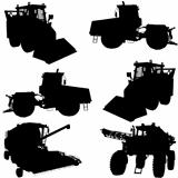 Agricultural vehicles silhouettes set. 