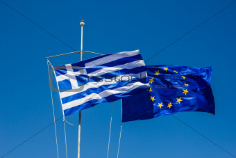 Greece and Europe flag on the wind