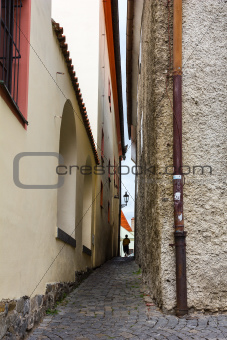 Old narrow street in Cesky Krumlov, Czech Republic.