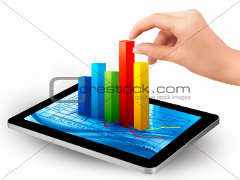 Tablet screen with graph and a hand
