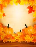 Pumpkins on wooden background with leaves  Autumn background  Vector