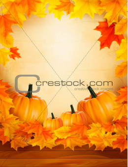 Pumpkins on wooden background with leaves  Autumn background  Vector
