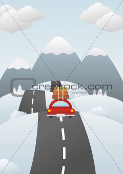 Winter landscape with car on the road