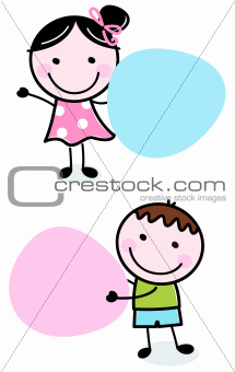 Doodle boy and girl holding blank banners