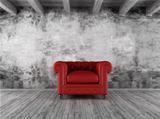 grunge interior with red armchair