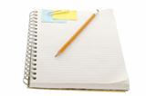 notebook with adhesive note paper clip and pencil