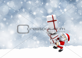 Santa Claus carrying a stack of Christmas gifts