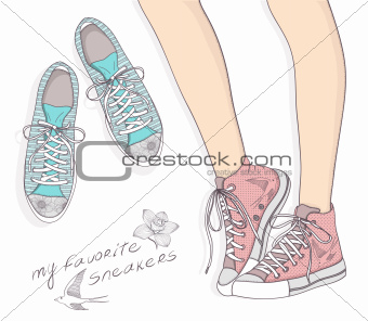 Shoes with floral pattern. Background with fashionable sneakers.