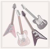 Electric and bass guitars set. Cute guitars with floral pattern.