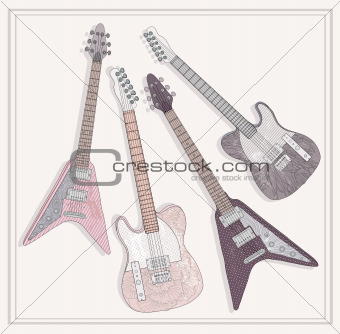 Electric and bass guitars set. Cute guitars with floral pattern.