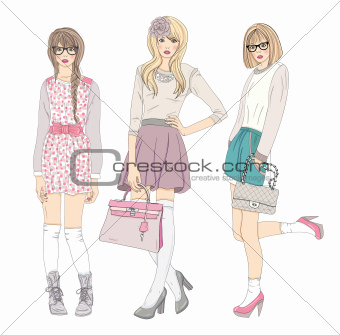Young fashion girls illustration. Vector illustration.