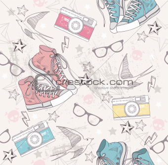Cute grunge abstract pattern. Seamless pattern with shoes