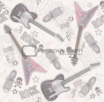 Cute grunge abstract pattern. Seamless pattern with guitars