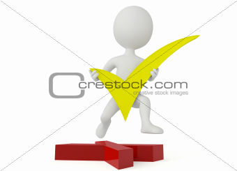 3d humanoid character hold a green checkmark 