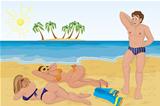 Man met two sunbathing girls on the beach