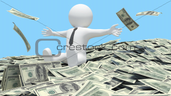 White man sitting on a pile of money fell from the sky