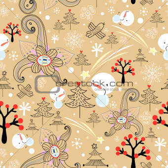 Christmas texture with trees and snowmen