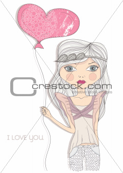 Valentine's day card. Fashion girl with heart shape balloon.