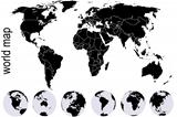 Black world map with set of Earth globes