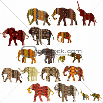 Set of patterned elephants in ethnic style
