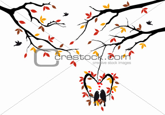 birds on autumn tree in heart nest, vector 