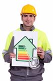 A construction worker holding a trowel, an energy efficiency rating sign and the at symbol