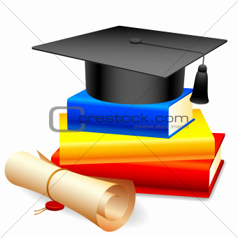 Graduation cap and books.