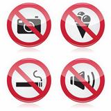 Forbidden sign: no cameras, no food, no smoking, no noise