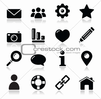 Website menu navigation black shiny icons - home, search, email, gallery, help, blog icons