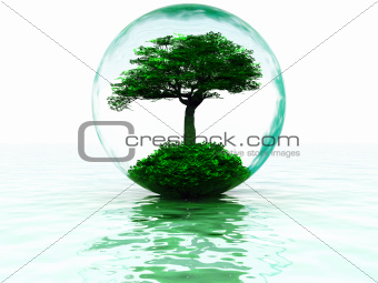 abstract liquid bubble with tree inside and their reflections