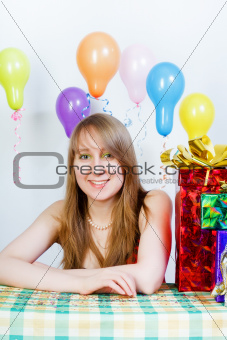 Happy birthday. Attractive young girl with gifts