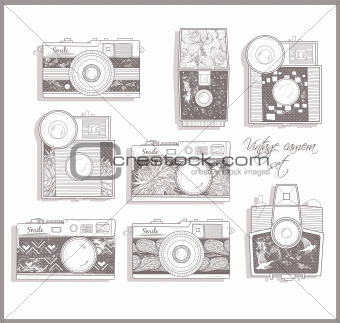 Retro photo cameras set. Vector illustration. Vintage cameras wi
