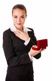 Admired business woman with open jewel box