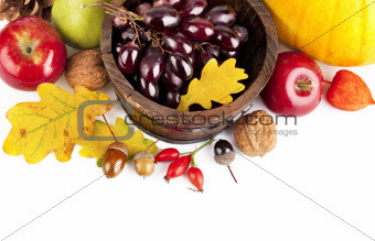 autumnal harvest fruits and vegetables with yellow leaves