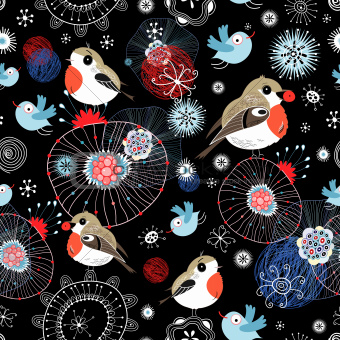 Christmas texture with birds and snowflakes