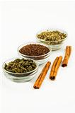 branch of green tea, cinnamon, spices isolated