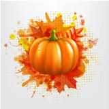 Grunge Background With Orange Pumpkin And Leaves