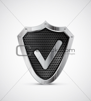 Metal shield with tick. Vector protection icon