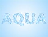 water drops shaped word AQUA on blue background.