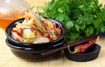 Korean cabbage kimchi with hot pepper