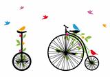 birds on retro bicycle, vector illustration