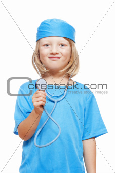 boy with long blond hair playing a doctor