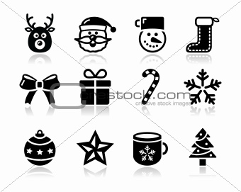 Christmas black icons with shadow set - santa, present, tree