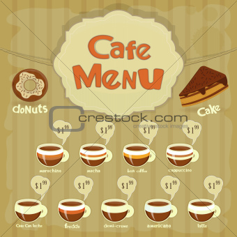 Cafe Menu Card with types of coffee