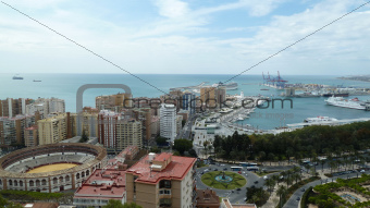 View over the bullring and the port of Malaga, Andalusia, Spain