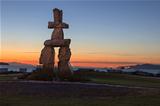 Inukshuk Stone Sculpture Sunset Beach Vancouver BC at Sunset