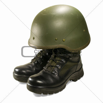 Soldier visual concept. Military boots and helmet.